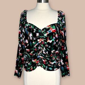 Open EDIT Nordstrom Long Sleeve Corset Blouse Top Floral Black